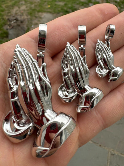 HarlemBling Praying Hands Religious Pendant Plain 925 Sterling Silver Necklace - 3 Sizes