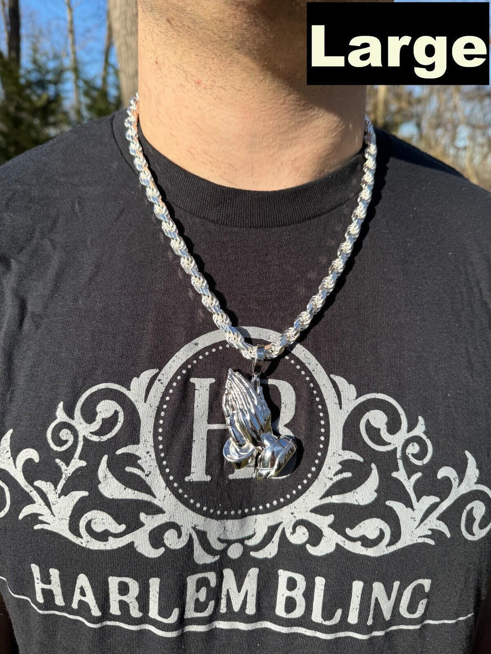 HarlemBling Praying Hands Religious Pendant Plain 925 Sterling Silver Necklace - 3 Sizes