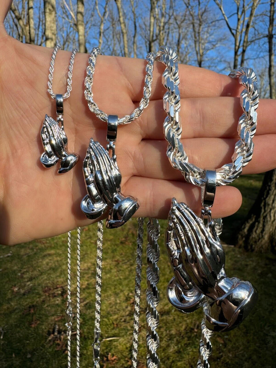 HarlemBling Praying Hands Religious Pendant Plain 925 Sterling Silver Necklace - 3 Sizes