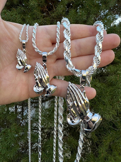 HarlemBling Praying Hands Religious Pendant Plain 925 Sterling Silver Necklace - 3 Sizes