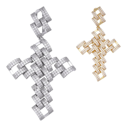 HarlemBling Prong Cuban Link Icy Cross Pendant - 14k Yellow Gold Vermeil Or 925 Silver - CZ Stones - Large 3"
