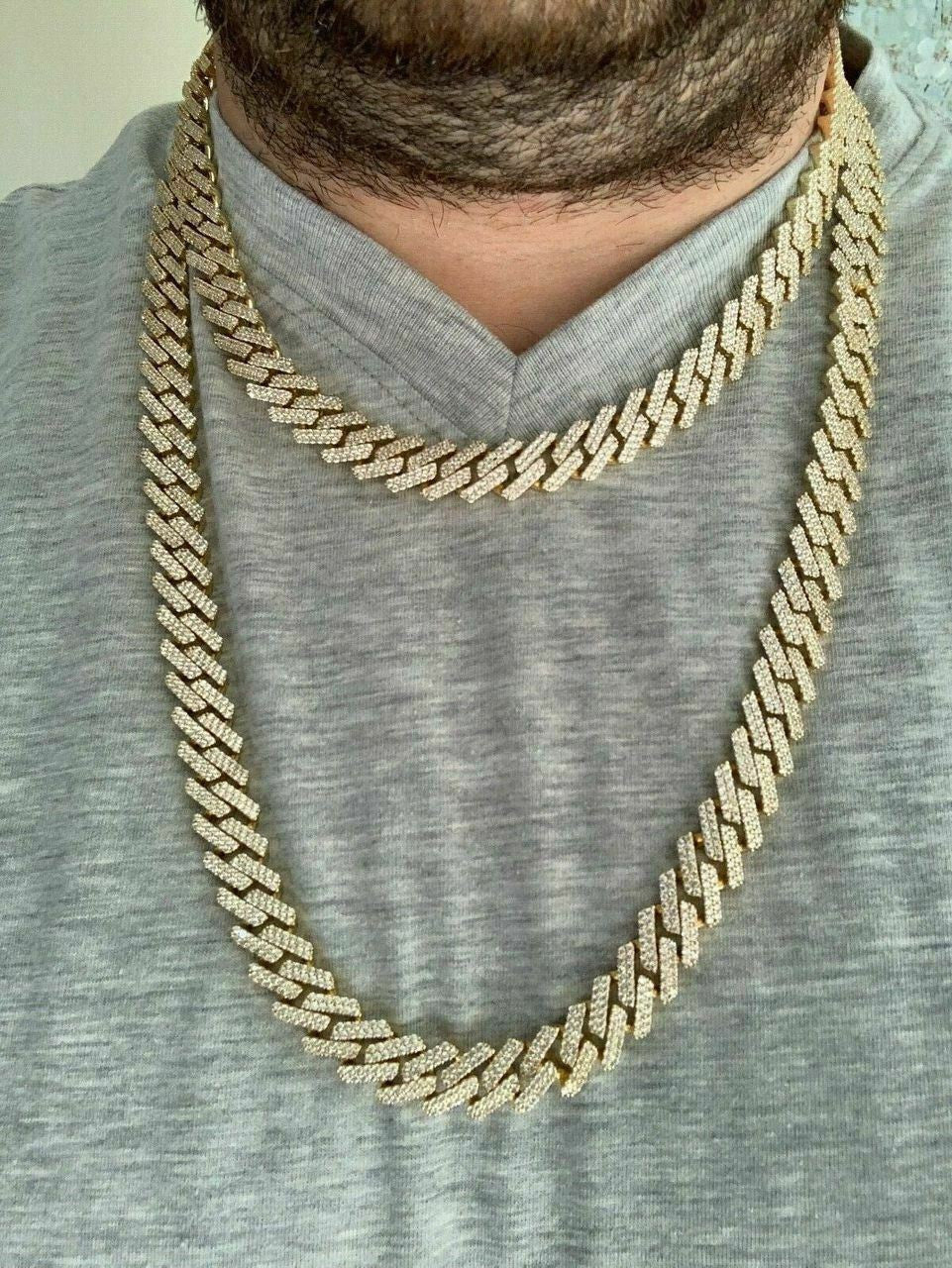 HarlemBling Prong Miami Cuban Chain 14k Gold Over Solid 925 Sterling Silver 18 Choker - 30