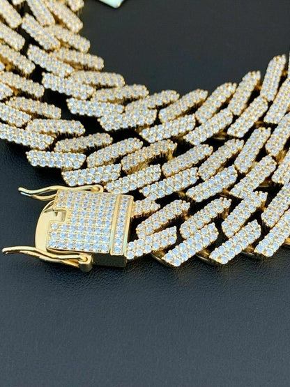 HarlemBling Prong Miami Cuban Chain 14k Gold Over Solid 925 Sterling Silver 18 Choker - 30