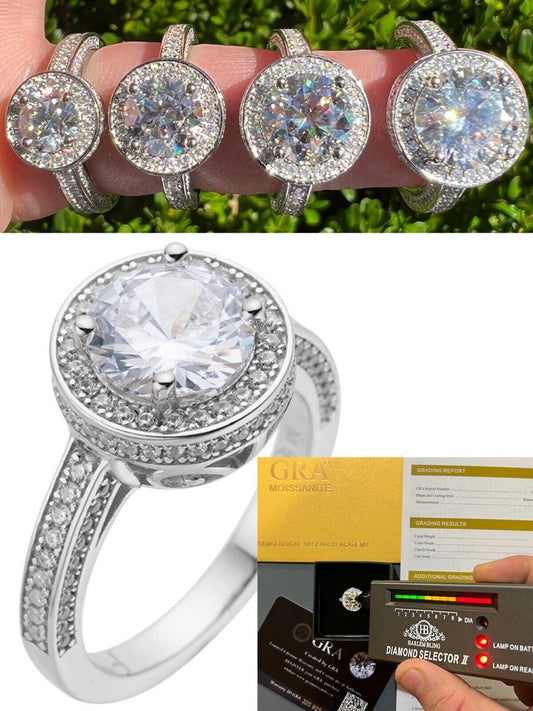 HarlemBling Real 1.7ct-4.7ct MOISSANITE Halo Engagement Promise Ring 925 Silver Diamond Test