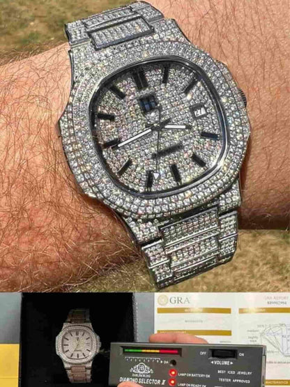 HarlemBling Real 14ct MOISSANITE Mens Watch Fully Iced Stainless Hip Hop Passes Diamond Test