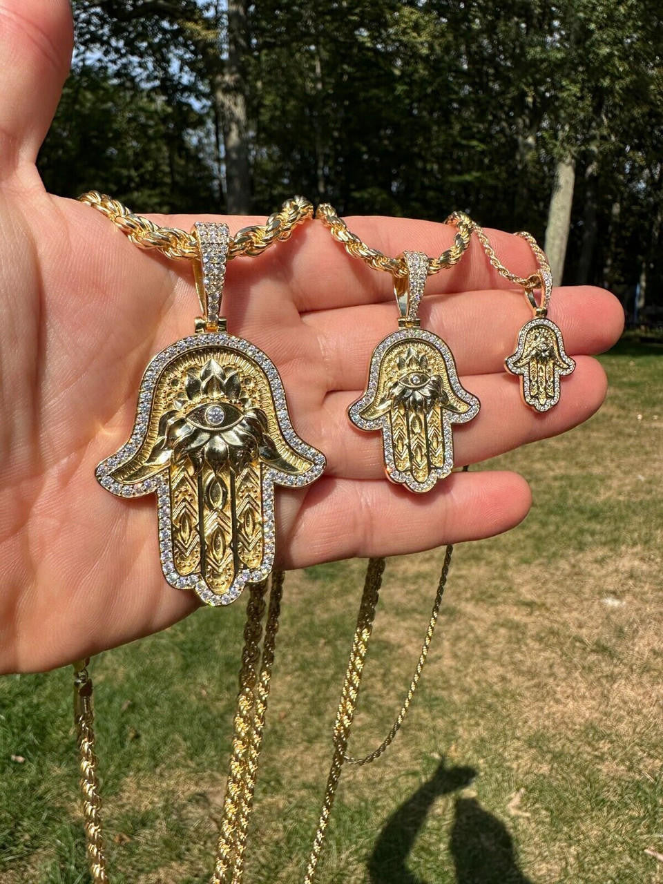 Iced Moissanite Hamsa Hand Pendant - 925 Sterling Silver With Gold Plating - Hip Hop Style