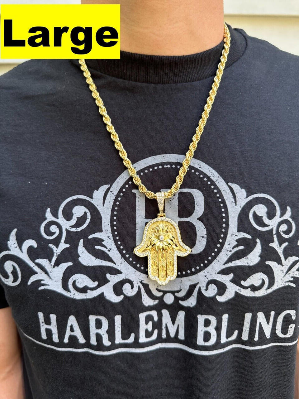 HarlemBling Real 14k Gold & 925 Sterling Silver Hamsa Evil Eye Hand Iced MOISSANITE Pendant