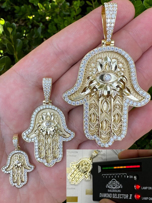 HarlemBling Real 14k Gold & 925 Sterling Silver Hamsa Evil Eye Hand Iced MOISSANITE Pendant