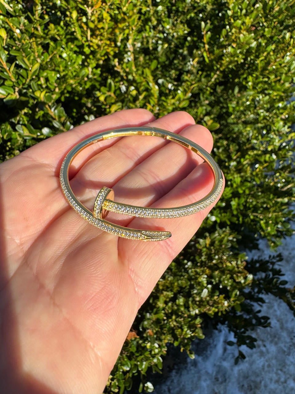 HarlemBling Real 14K Gold Over 925 Silver Iced CZ Nail Bangle Bracelet 6-7.5" Mens Ladies