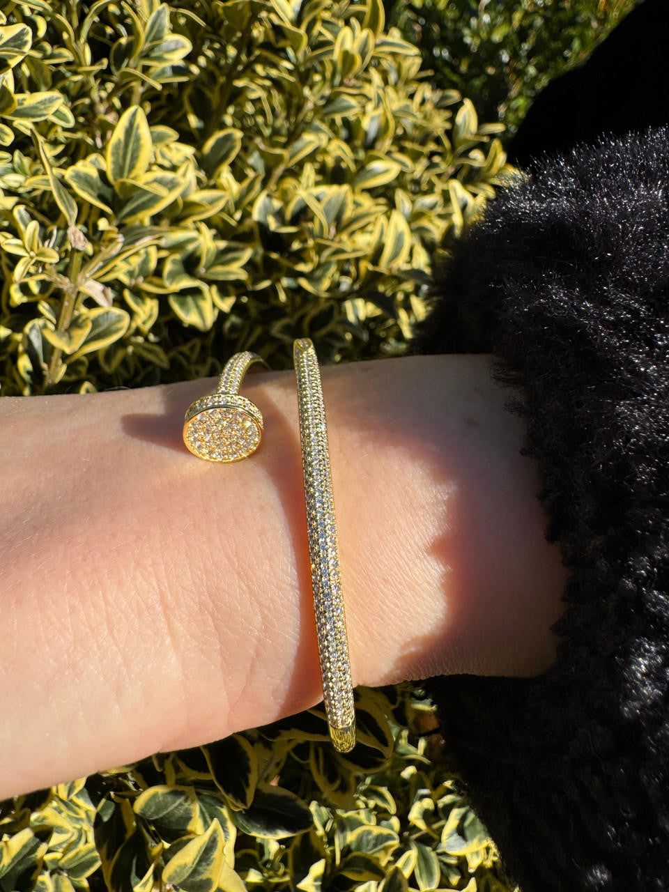 HarlemBling Real 14K Gold Over 925 Silver Iced CZ Nail Bangle Bracelet 6-7.5" Mens Ladies