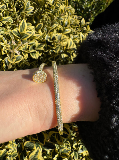 HarlemBling Real 14K Gold Over 925 Silver Iced CZ Nail Bangle Bracelet 6-7.5" Mens Ladies