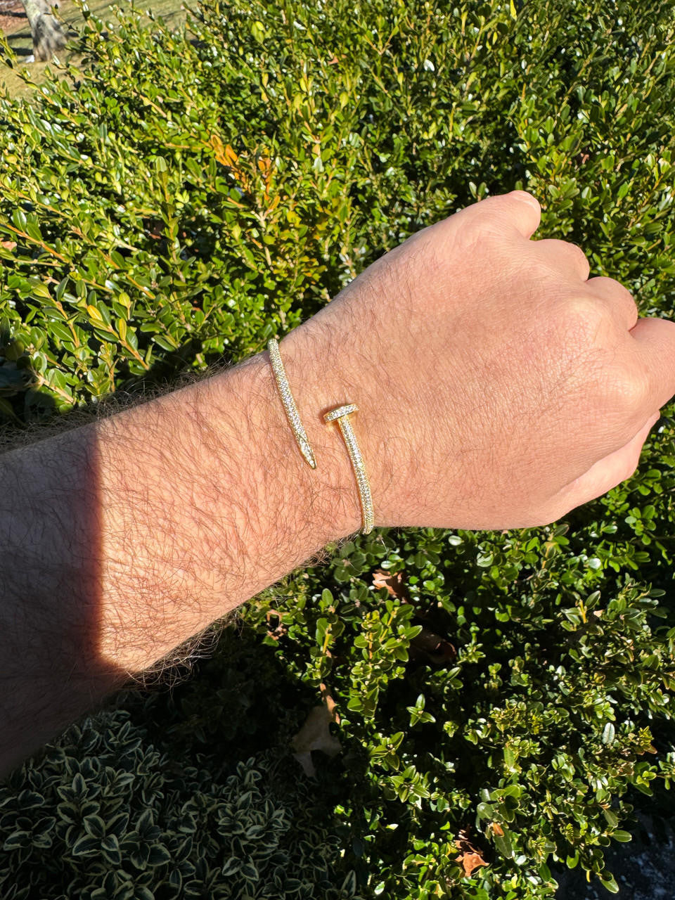 HarlemBling Real 14K Gold Over 925 Silver Iced CZ Nail Bangle Bracelet 6-7.5" Mens Ladies