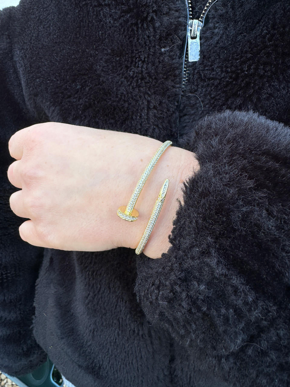 HarlemBling Real 14K Gold Over 925 Silver Iced CZ Nail Bangle Bracelet 6-7.5" Mens Ladies