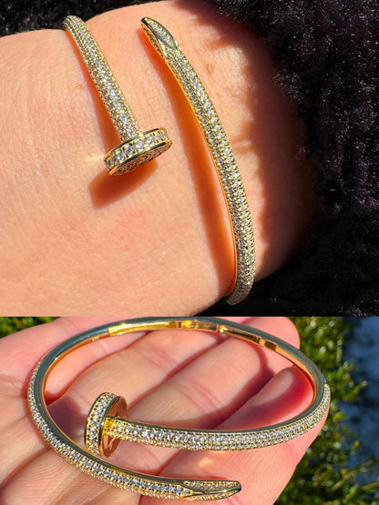 HarlemBling Real 14K Gold Over 925 Silver Iced CZ Nail Bangle Bracelet 6-7.5" Mens Ladies