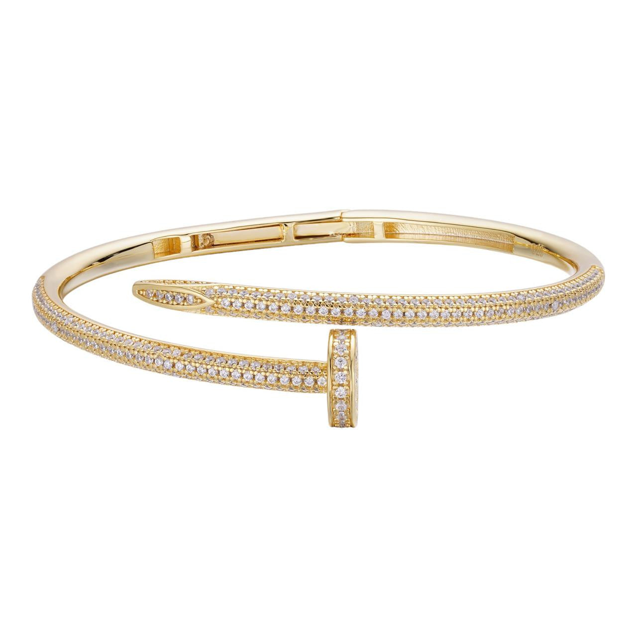 HarlemBling Real 14K Gold Over 925 Silver Iced CZ Nail Bangle Bracelet 6-7.5" Mens Ladies