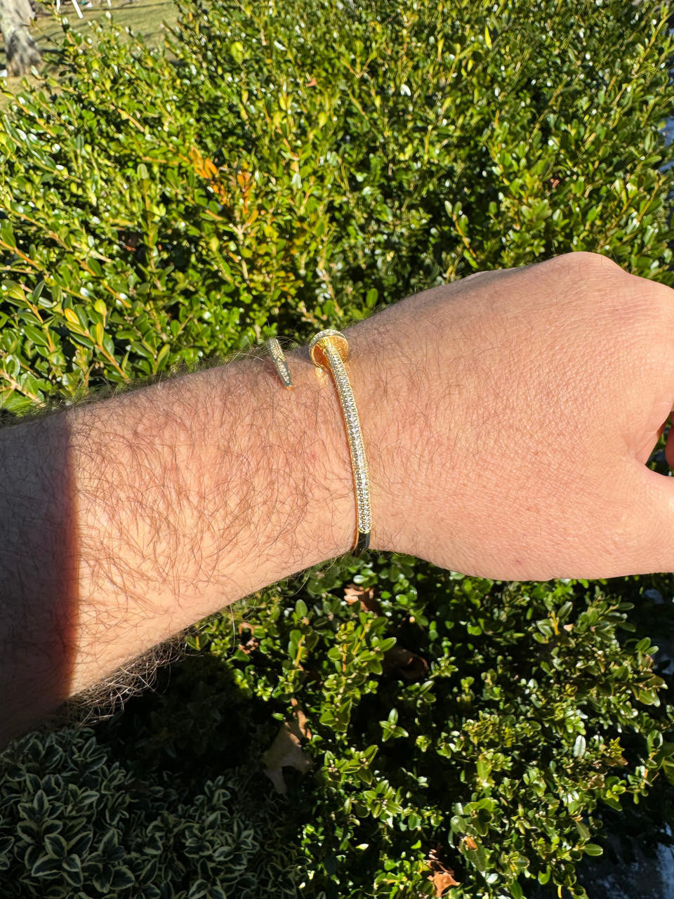 HarlemBling Real 14K Gold Over 925 Silver Iced CZ Nail Bangle Bracelet 6-7.5" Mens Ladies