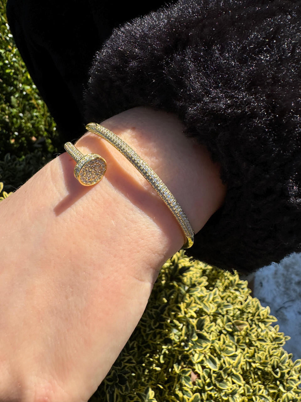 HarlemBling Real 14K Gold Over 925 Silver Iced CZ Nail Bangle Bracelet 6-7.5" Mens Ladies