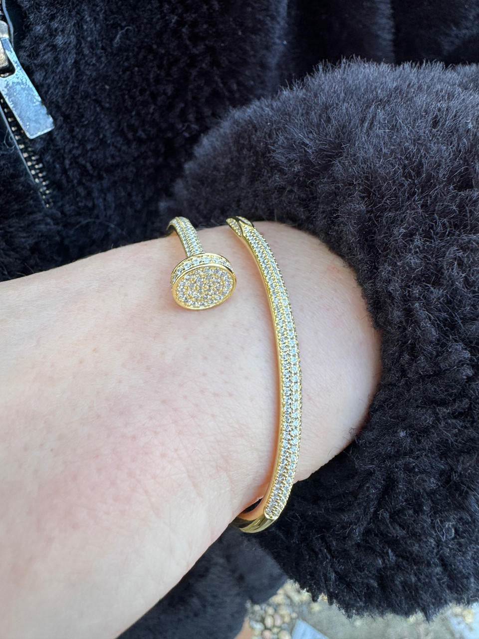 HarlemBling Real 14K Gold Over 925 Silver Iced CZ Nail Bangle Bracelet 6-7.5" Mens Ladies