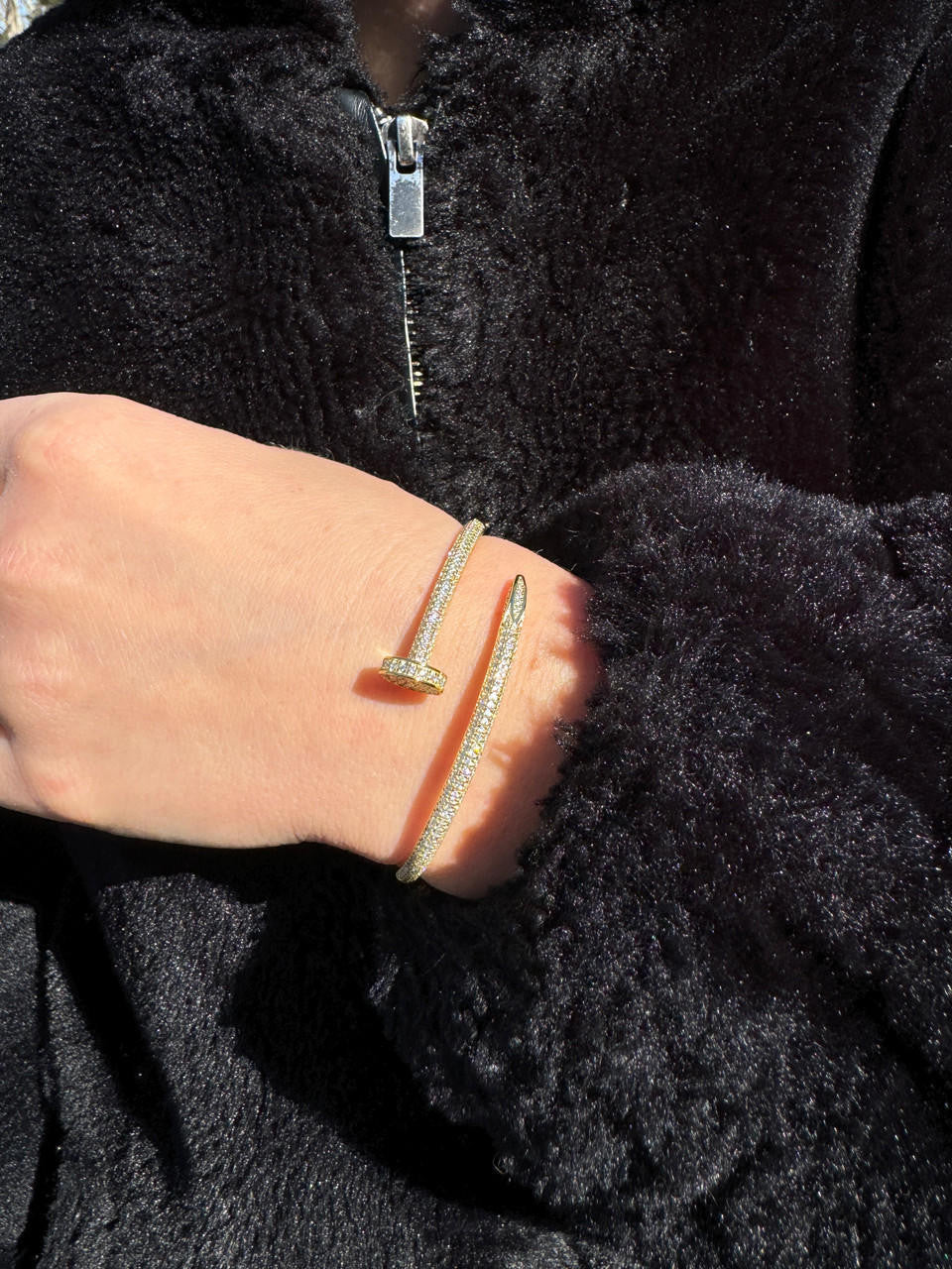 Real 14K Gold Over 925 Silver Iced CZ Nail Bangle Bracelet 6-7.5