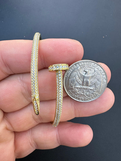 HarlemBling Real 14K Gold Over 925 Silver Iced CZ Nail Bangle Bracelet 6-7.5" Mens Ladies