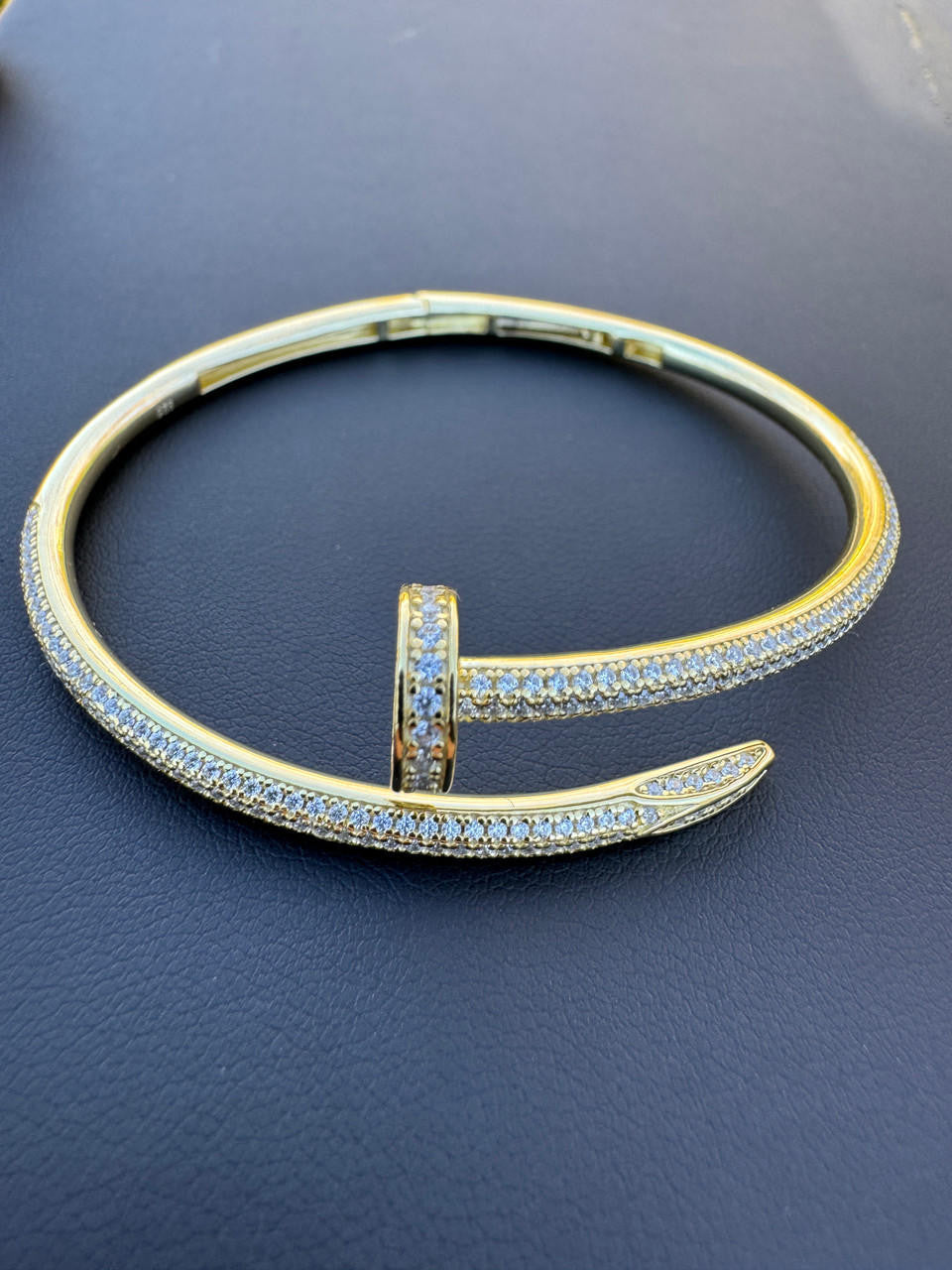 HarlemBling Real 14K Gold Over 925 Silver Iced CZ Nail Bangle Bracelet 6-7.5" Mens Ladies