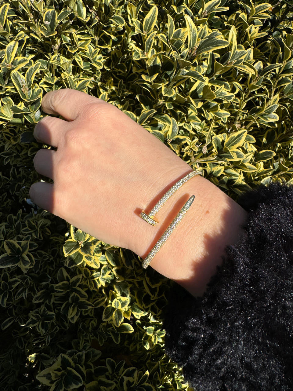 HarlemBling Real 14K Gold Over 925 Silver Iced CZ Nail Bangle Bracelet 6-7.5" Mens Ladies