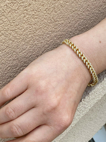 HarlemBling REAL 14k Gold Over 925 Sterling Silver 6mm Iced Miami Cuban Bracelet Men Ladies