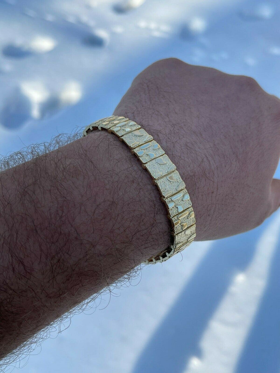HarlemBling Real 14k Gold Over 925 Sterling Silver Mens Nugget Bracelet Heavy 8mm 12mm 16mm