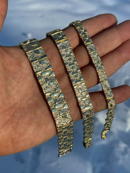 HarlemBling Real 14k Gold Over 925 Sterling Silver Mens Nugget Bracelet Heavy 8mm 12mm 16mm