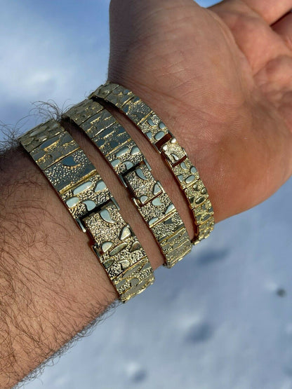 HarlemBling Real 14k Gold Over 925 Sterling Silver Mens Nugget Bracelet Heavy 8mm 12mm 16mm