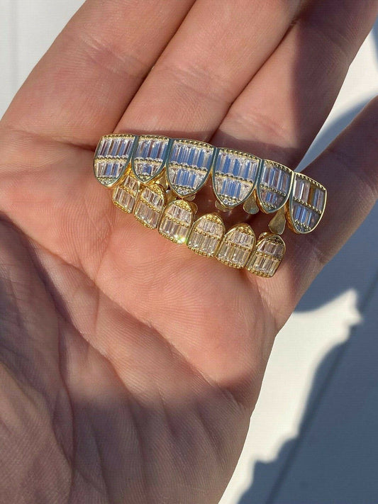 HarlemBling Real 14k Gold Over Solid 925 Silver Grillz Baguette Iced Grills Top Bottom Teeth