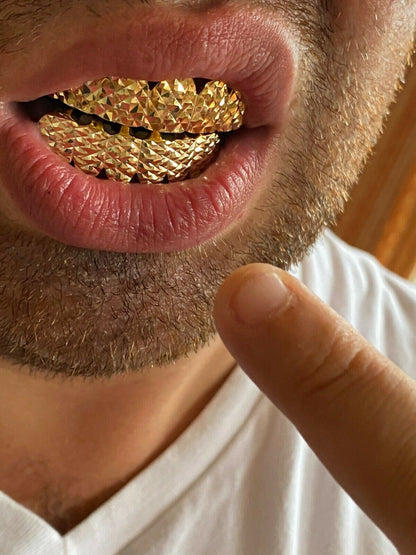 HarlemBling REAL 14k Gold Over Solid 925 Sterling Silver Diamond Cut Grillz Teeth Fronts