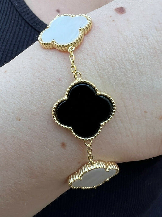 HarlemBling Real 14k Gold Vermeil 925 Black Onyx and Pearl Leaf Clover Flower Bracelet 6-7.5