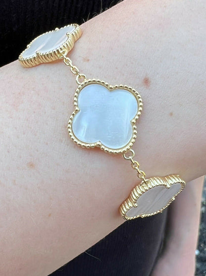 HarlemBling Real 14k Gold Vermeil 925 Mother Of Pearl Leaf Clover Flower Bracelet 6-7.5