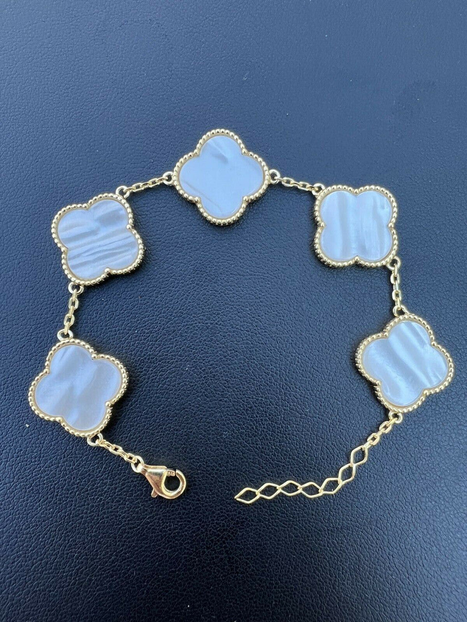 HarlemBling Real 14k Gold Vermeil 925 Mother Of Pearl Leaf Clover Flower Bracelet 6-7.5