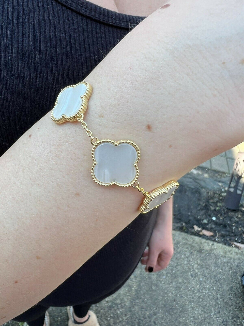 HarlemBling Real 14k Gold Vermeil 925 Mother Of Pearl Leaf Clover Flower Bracelet 6-7.5