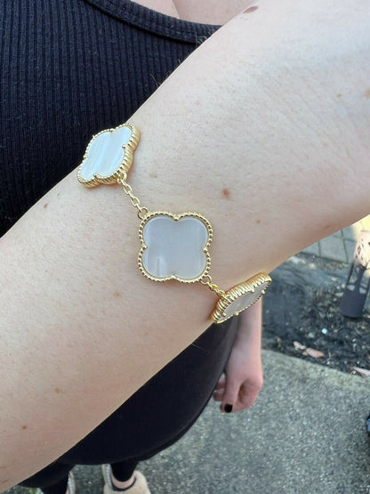 HarlemBling Real 14k Gold Vermeil 925 Mother Of Pearl Leaf Clover Flower Bracelet 6-7.5