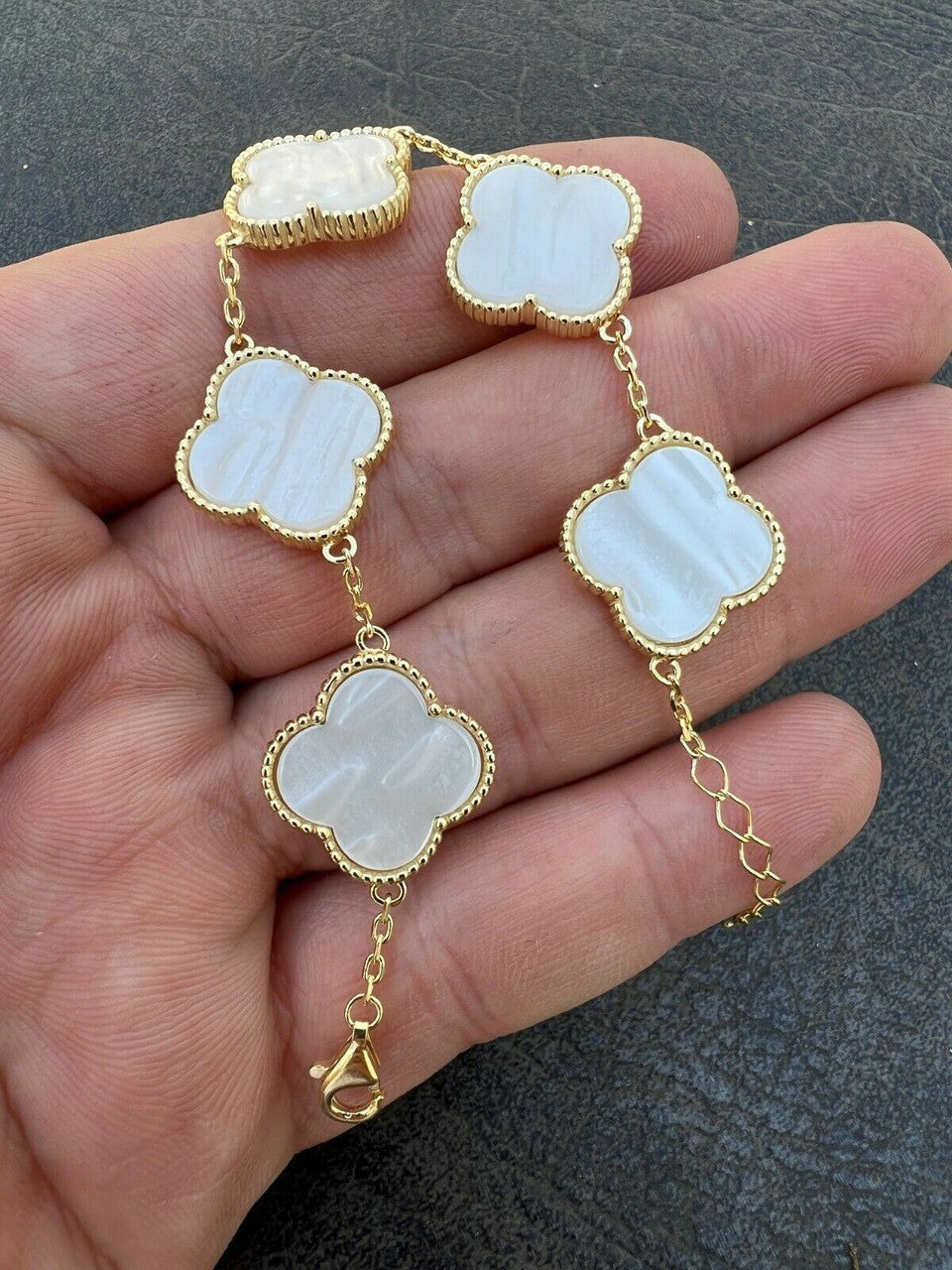 HarlemBling Real 14k Gold Vermeil 925 Mother Of Pearl Leaf Clover Flower Bracelet 6-7.5