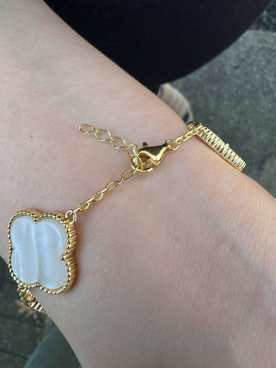 HarlemBling Real 14k Gold Vermeil 925 Mother Of Pearl Leaf Clover Flower Bracelet 6-7.5