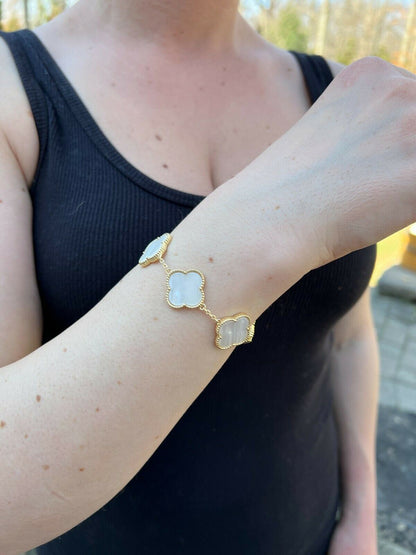 HarlemBling Real 14k Gold Vermeil 925 Mother Of Pearl Leaf Clover Flower Bracelet 6-7.5