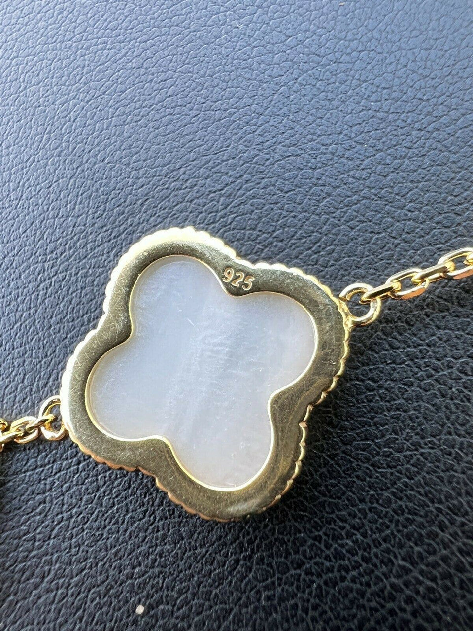 HarlemBling Real 14k Gold Vermeil 925 Mother Of Pearl Leaf Clover Flower Bracelet 6-7.5