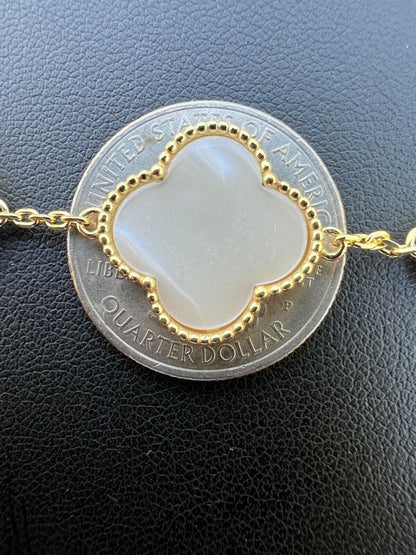 HarlemBling Real 14k Gold Vermeil 925 Mother Of Pearl Leaf Clover Flower Bracelet 6-7.5