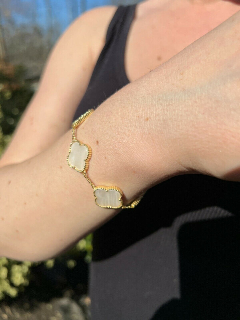 HarlemBling Real 14k Gold Vermeil 925 Mother Of Pearl Leaf Clover Flower Bracelet 6-7.5