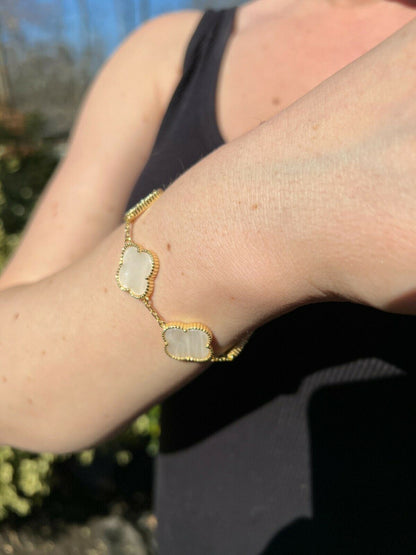 HarlemBling Real 14k Gold Vermeil 925 Mother Of Pearl Leaf Clover Flower Bracelet 6-7.5