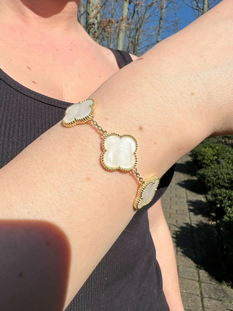 HarlemBling Real 14k Gold Vermeil 925 Mother Of Pearl Leaf Clover Flower Bracelet 6-7.5
