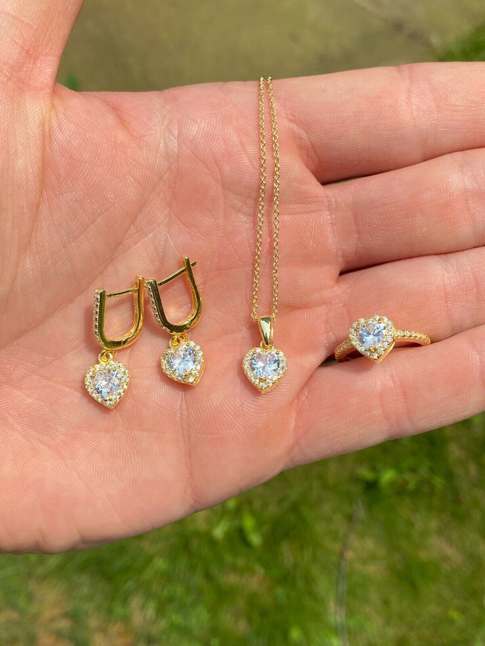 HarlemBling Real 14k Gold Vermeil 925 Silver Heart Shaped Diamond Ring Necklace Earrings Set