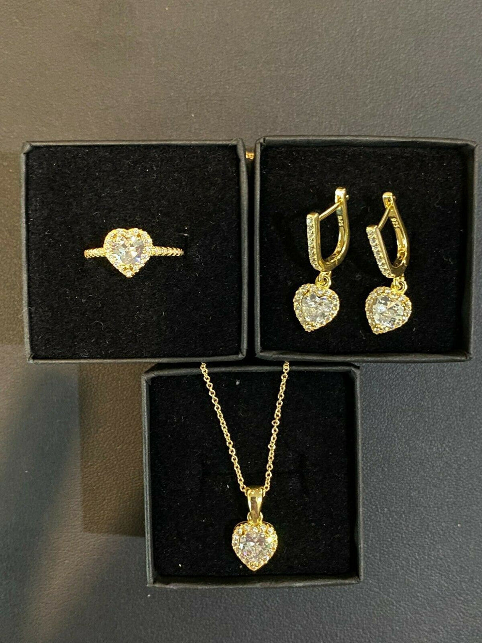 HarlemBling Real 14k Gold Vermeil 925 Silver Heart Shaped Diamond Ring Necklace Earrings Set