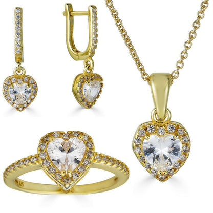 HarlemBling Real 14k Gold Vermeil 925 Silver Heart Shaped Diamond Ring Necklace Earrings Set