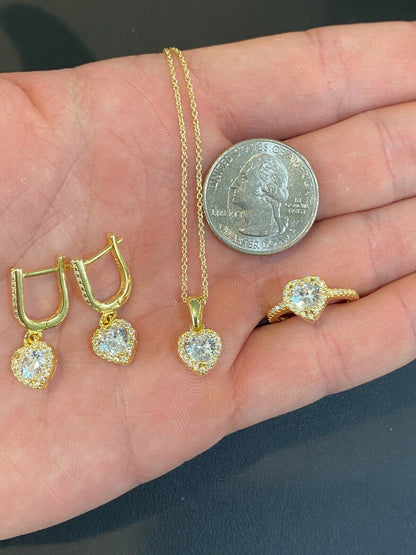 HarlemBling Real 14k Gold Vermeil 925 Silver Heart Shaped Diamond Ring Necklace Earrings Set