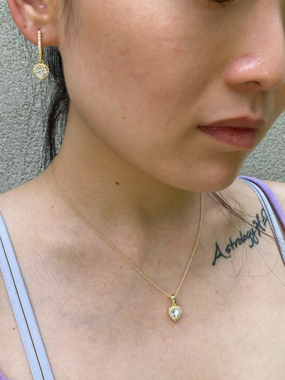 HarlemBling Real 14k Gold Vermeil 925 Silver Heart Shaped Diamond Ring Necklace Earrings Set